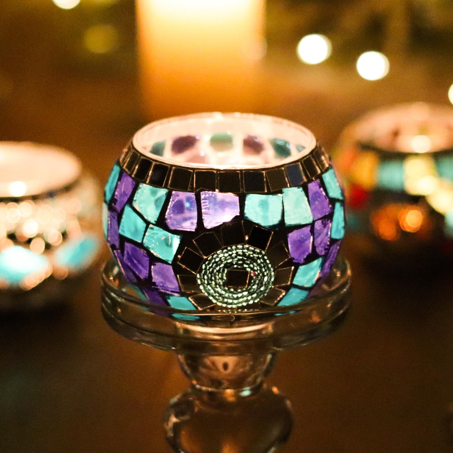 4PCS Mosaic Tealight Candle Holder Set - Blue Mediterranean Glass Votive Candle Holder for Summer Ocean Decor & Diwali Decorationr & Diwali Gift