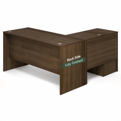 Furinno Roger 60 Inch L-Shaped Executive Desk with File Cabinet, L-Shaped Office Desk with 3-Drawer Fixed Pedestal Filing Cabinet, Desk Cord Grommet, for Home Office, Modern Walnut