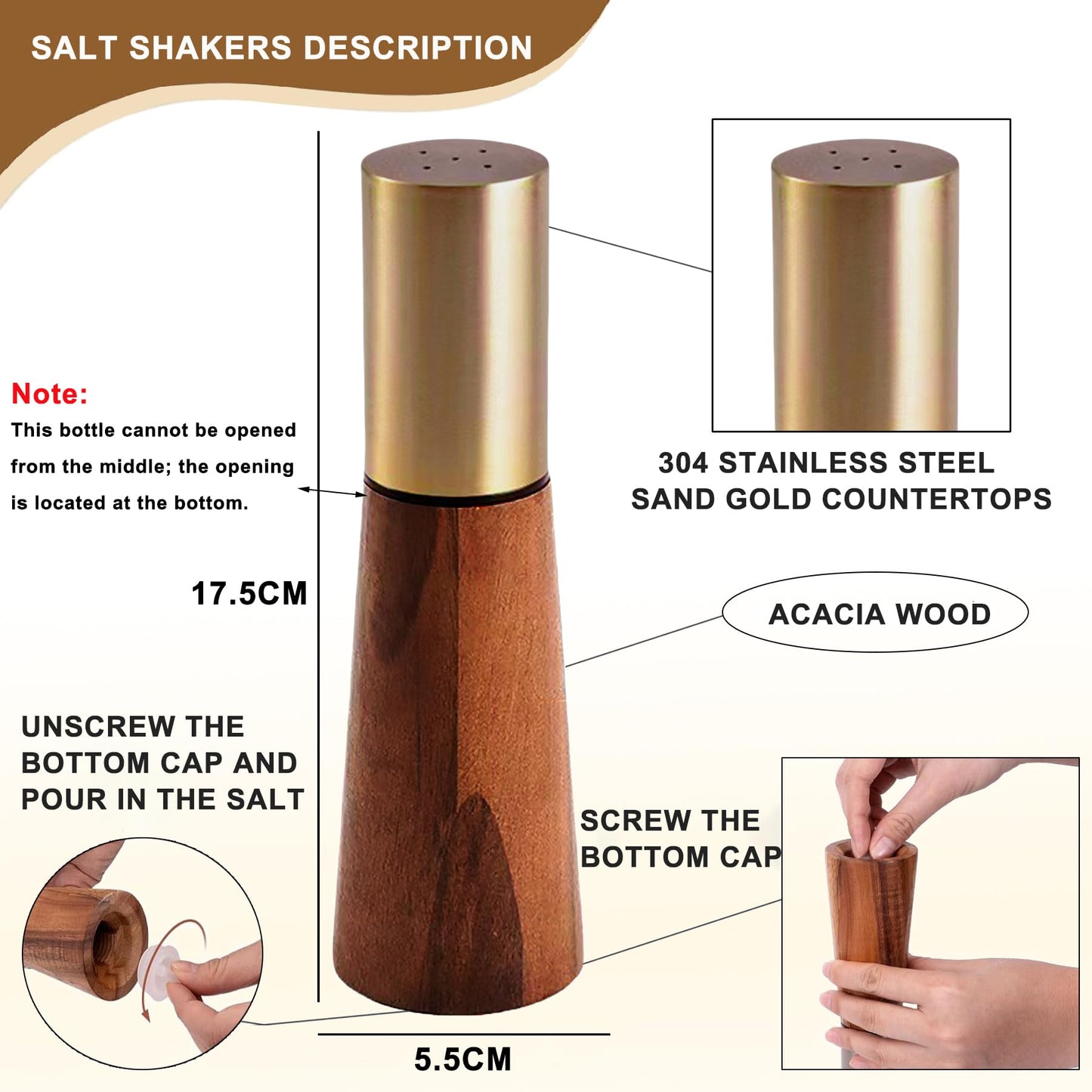 Salt and Pepper Grinder Set, Acacia Wooden Pepper Grinder with Adjustable Coarseness, Refillable Ceramic Blade Grind,Gold Pepper Mill for Kitchen (7.5IN- Acacia Wood-Base)