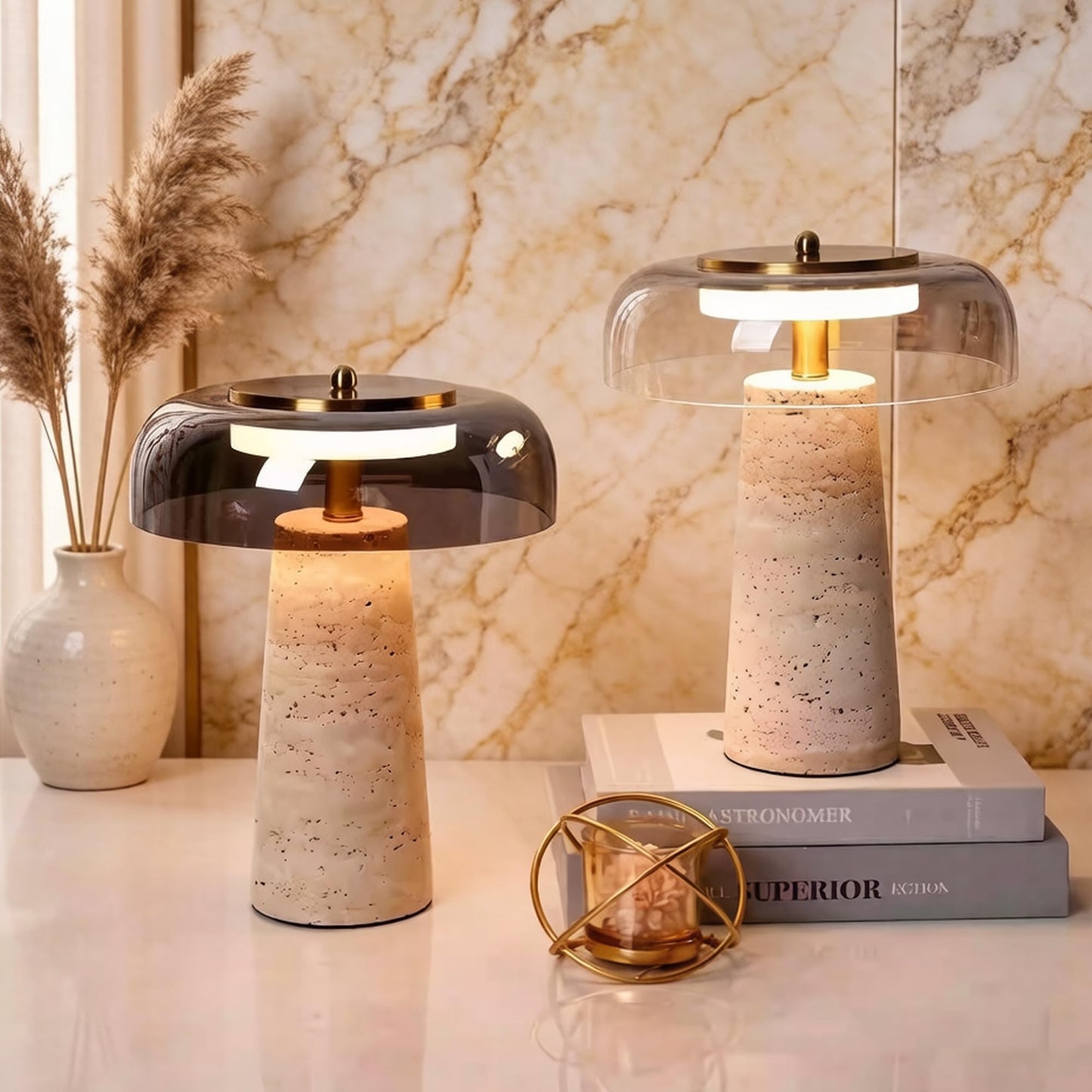 Travertine Lamp, Natural Stone Table Lamps with Glass Shade, 12W Mushroom Bedside Nightstand Light Decor for Bedroom Living Room Office Console Side Entryway Counter Gifts (Smoked Glass+Travertine)