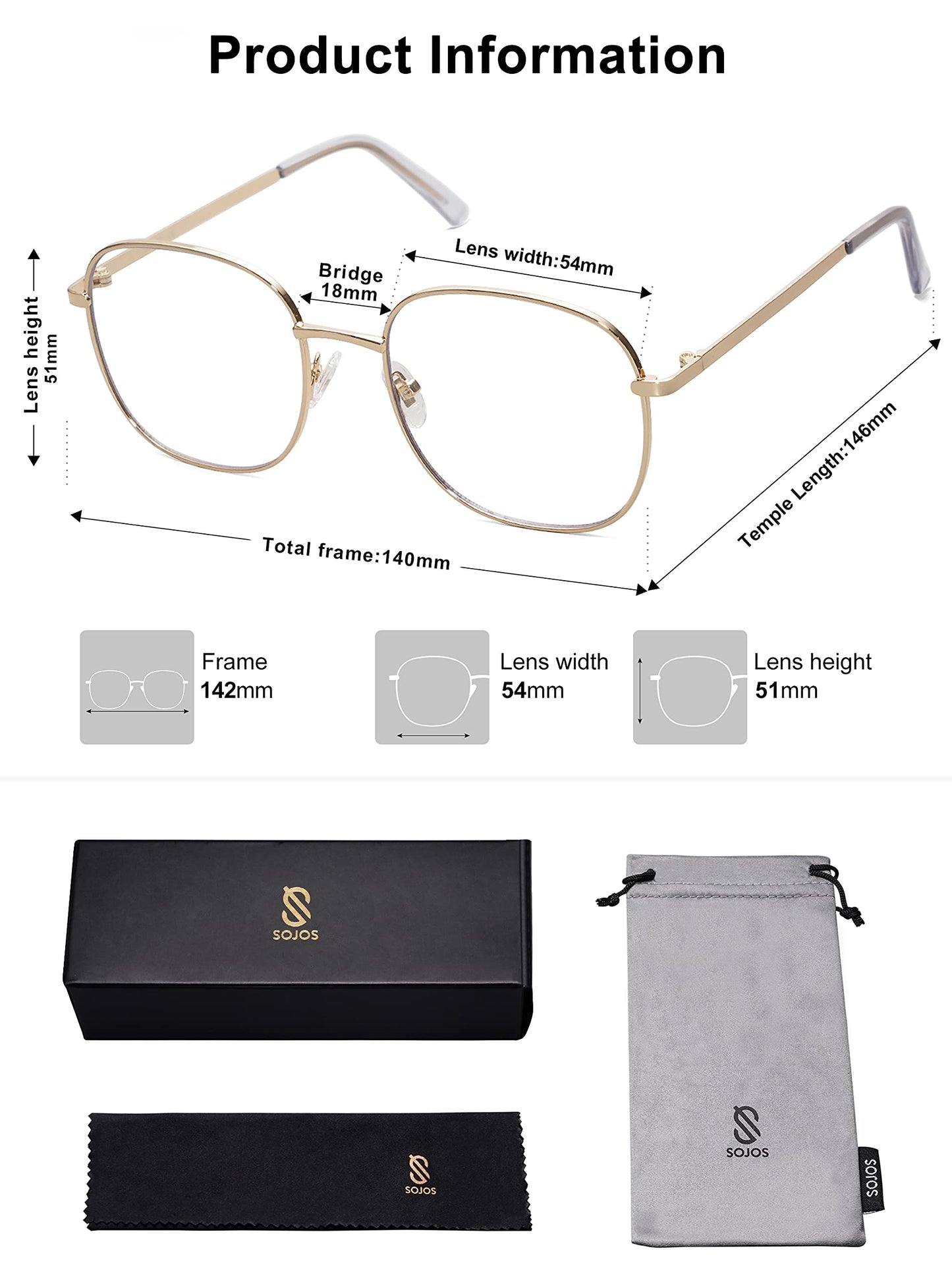 SOJOS Classic Square Blue Light Blocking Glasses for Women Men Stylish Computer Glasses SJ1137, Gold Frame/Anti-Blue Light Lens