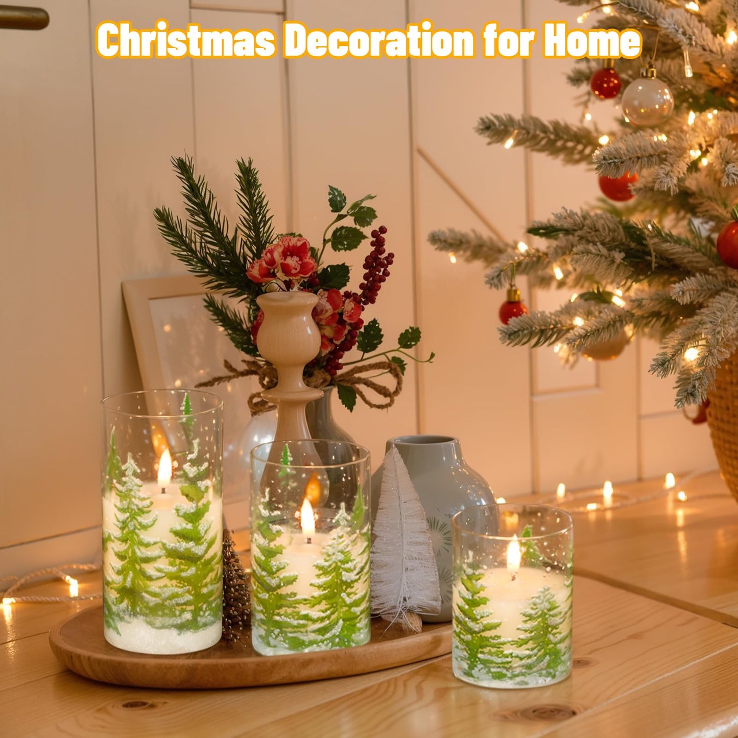 Wondise Rechargeable Christmas Glass Flameless Candles with Remote Timer, Battery Operated LED Real Wax 3D Wick Candles with Charging Base, Set of 3 Christmas Home Decoration Gifts(3 x 4 5 6 Inch)