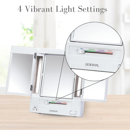 JERDON Tri-Fold Two-Sided Makeup Mirror with Lights - Vanity Mirror with 5X-1X Magnification & Multiple Light Settings - White - Model JGL9W