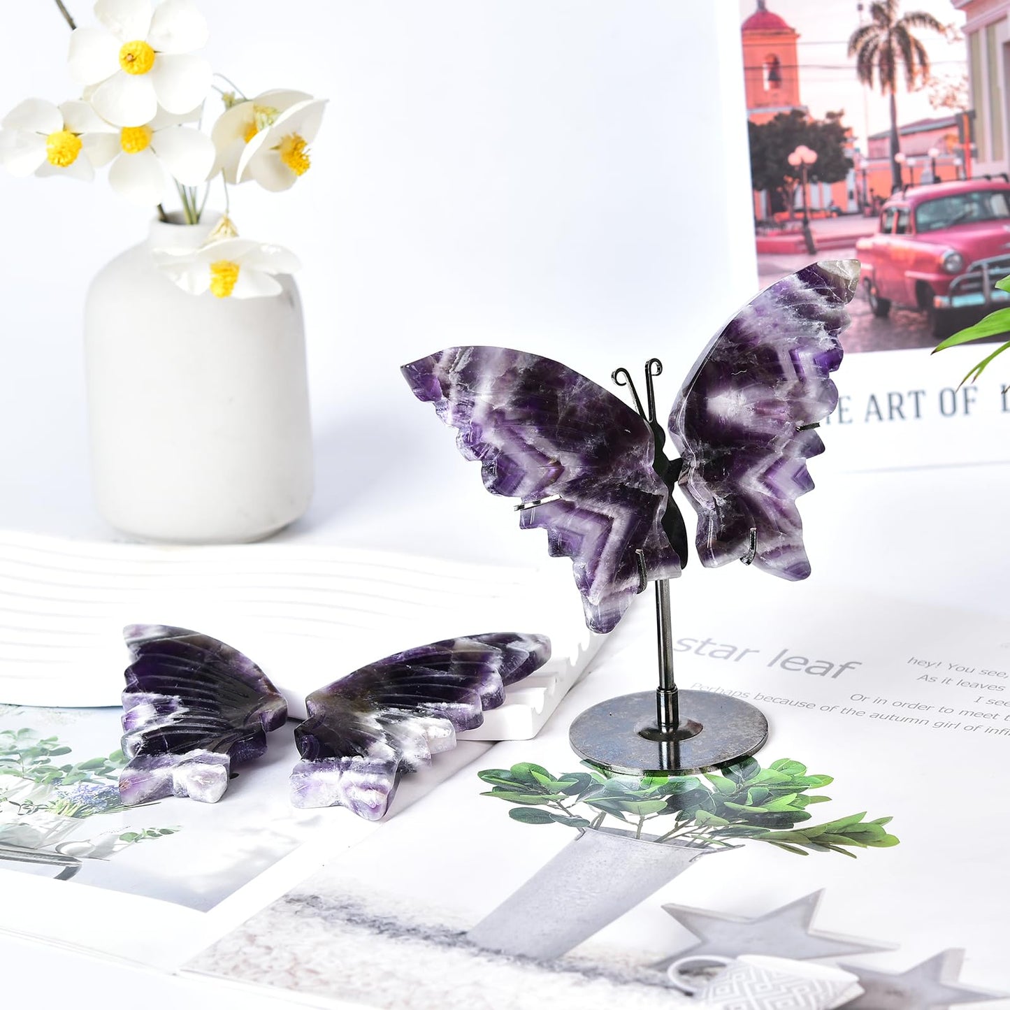 JIC Gem Chevron Amethyst Crystal Butterfly Art Gemstone Figurine1 Pair, 10cm