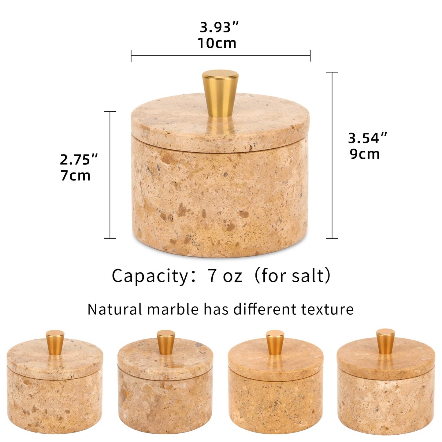 Stonemanus Marble Salt Cellar with Lid, 4 inch Natural Stone Salt Pepper Box, Alloy Lid for Kitchen Countertop Storage (Mud yellow, 4 * 3.5)