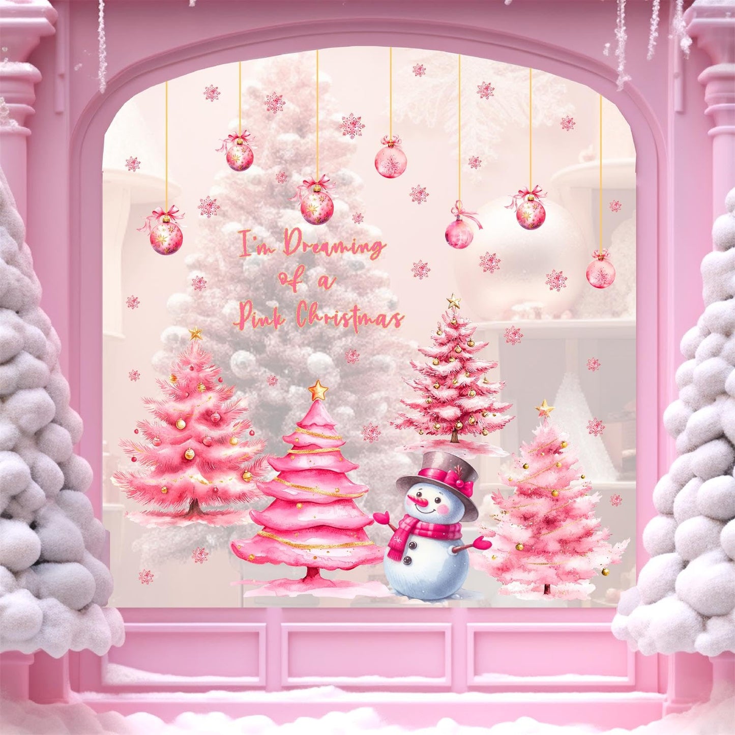 Pink Christmas Window Clings Double-Sided Christmas Tree Windows Decoration Stickers Indoor Xmas Pine Tree Window Decals for Glass Snowman Snowflakes Decals for Winter Holiday Party Supply