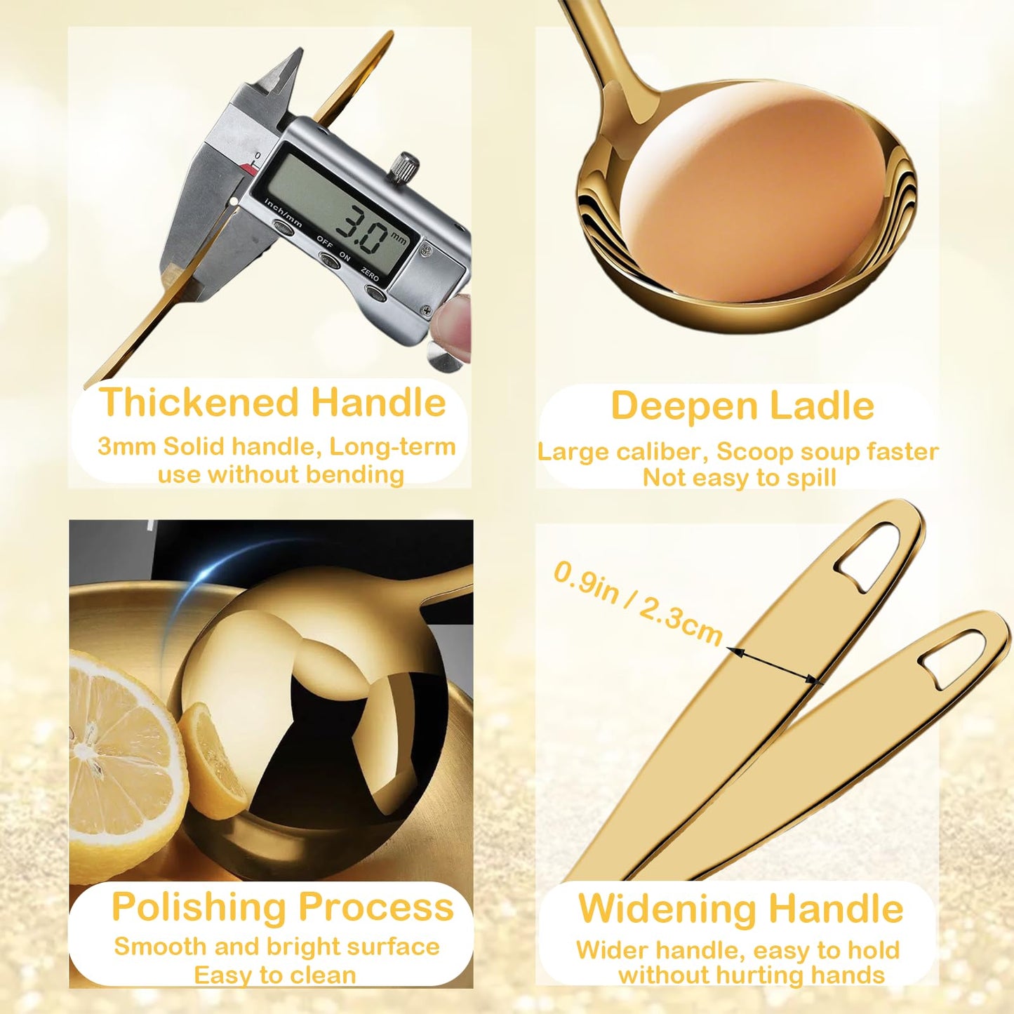 Bigwinyep 2Pcs Soup Ladle Soup Spoons 304 Stainless Steel Gold Ladle, 12.2Inch Long Handle Large Serving Spoon for Cooking Buffet, Party, Kitchen, Gold