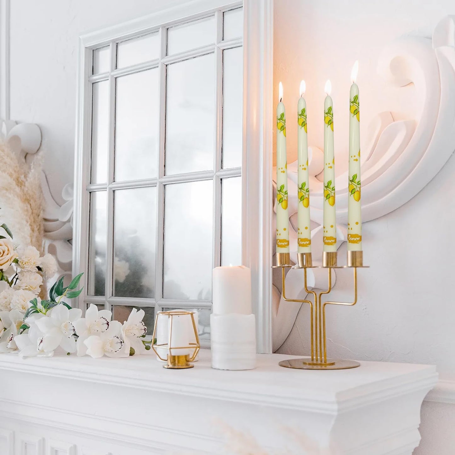 Summer Floral Taper Candle - Baleagcdl Ivory with Lemon Prints Candlesticks Handmade Long Tapered Candles 10 Inch Drip Candle for Home Holiday Decor Gifts Set of 2