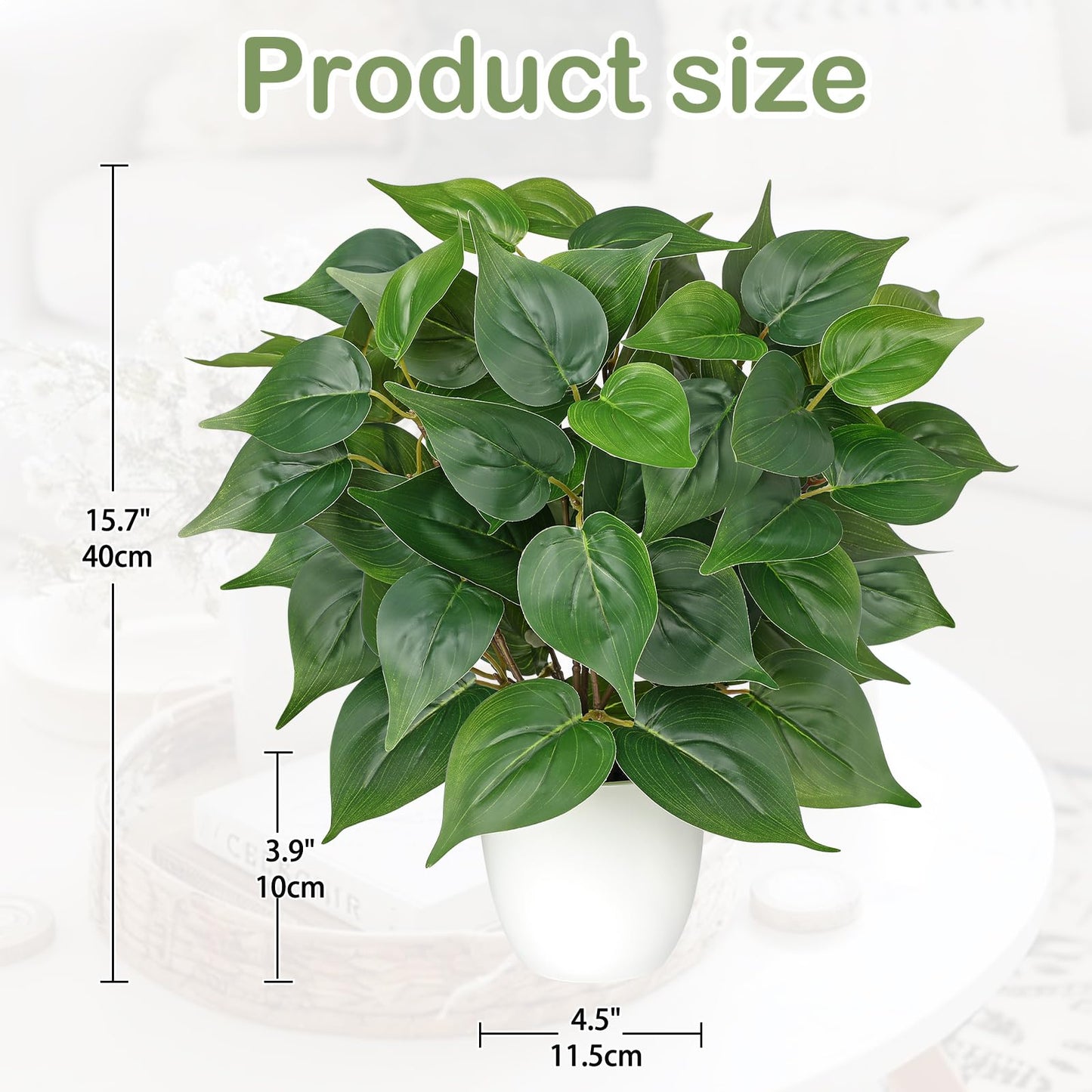 Artificial Pothos Plants in White Pot - 15.7" Fake Philodendron Plant Indoor Silk Faux Pothos Plants Faux Greenery Potted Small Artificial Potted Plant for Office Desk Shelf Bathroom Home Decor