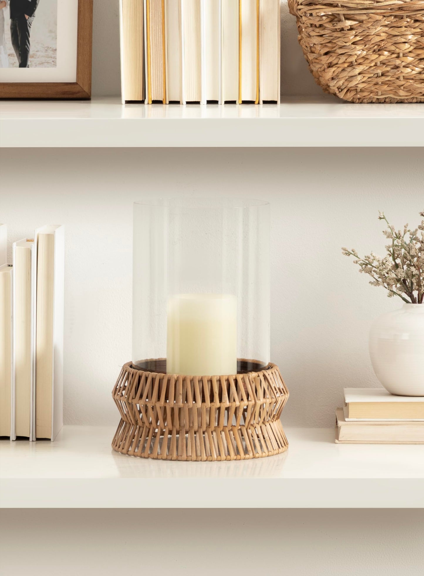 Kate and Laurel Rashana Modern Boho Rattan Pillar Candle Holder, 8 x 8 x 11, Natural, Coastal Hurricane Candle Holder with Glass Cylinder for Living Room Decor