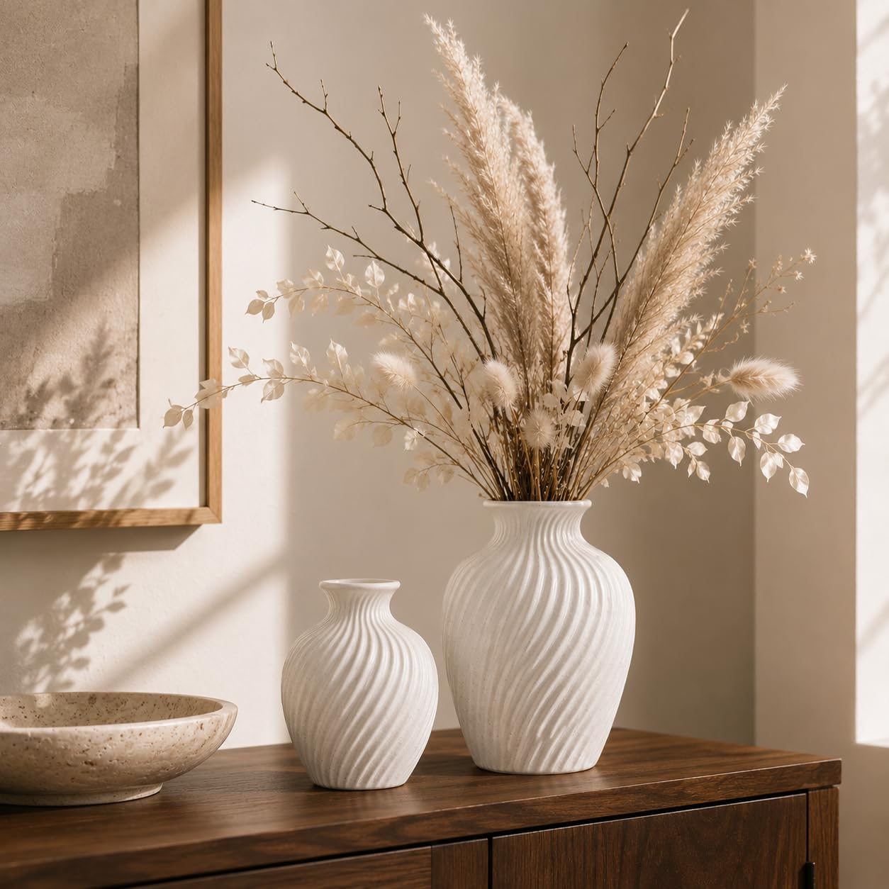 White Ceramic Vase Set of 2 - Modern Flower Vases for Home Decor - Rustic Textured White Vase for Living Room Decor - 8.65×5.5 & 5.5×5.5 Inch Round Vases for Dining Table Centerpiece Decoration
