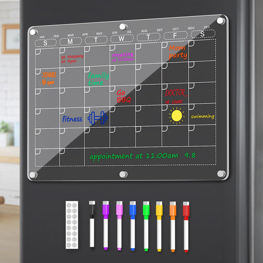 Tmtamye Acrylic Fridge Calendar, Magnetic Calendar for Refrigerator with 8 Colorful Markers, Clear Dry Erase Board Reusable Planning Set for Events/Meetings/Shopping Lists/Dinner, 14.2''X10.2''