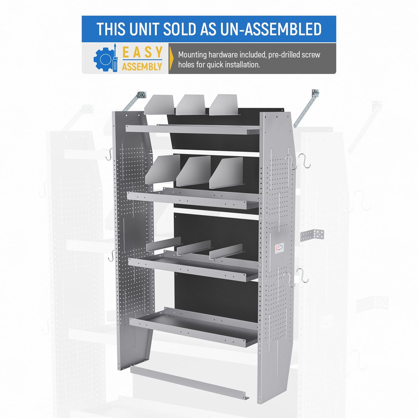 AA Products SH-6003 Steel Mid/High Roof Van Shelving Storage System Fits Transit, NV, Promaster and Sprinter, Van Shelving Units, 32''W x 60''H x 13''D