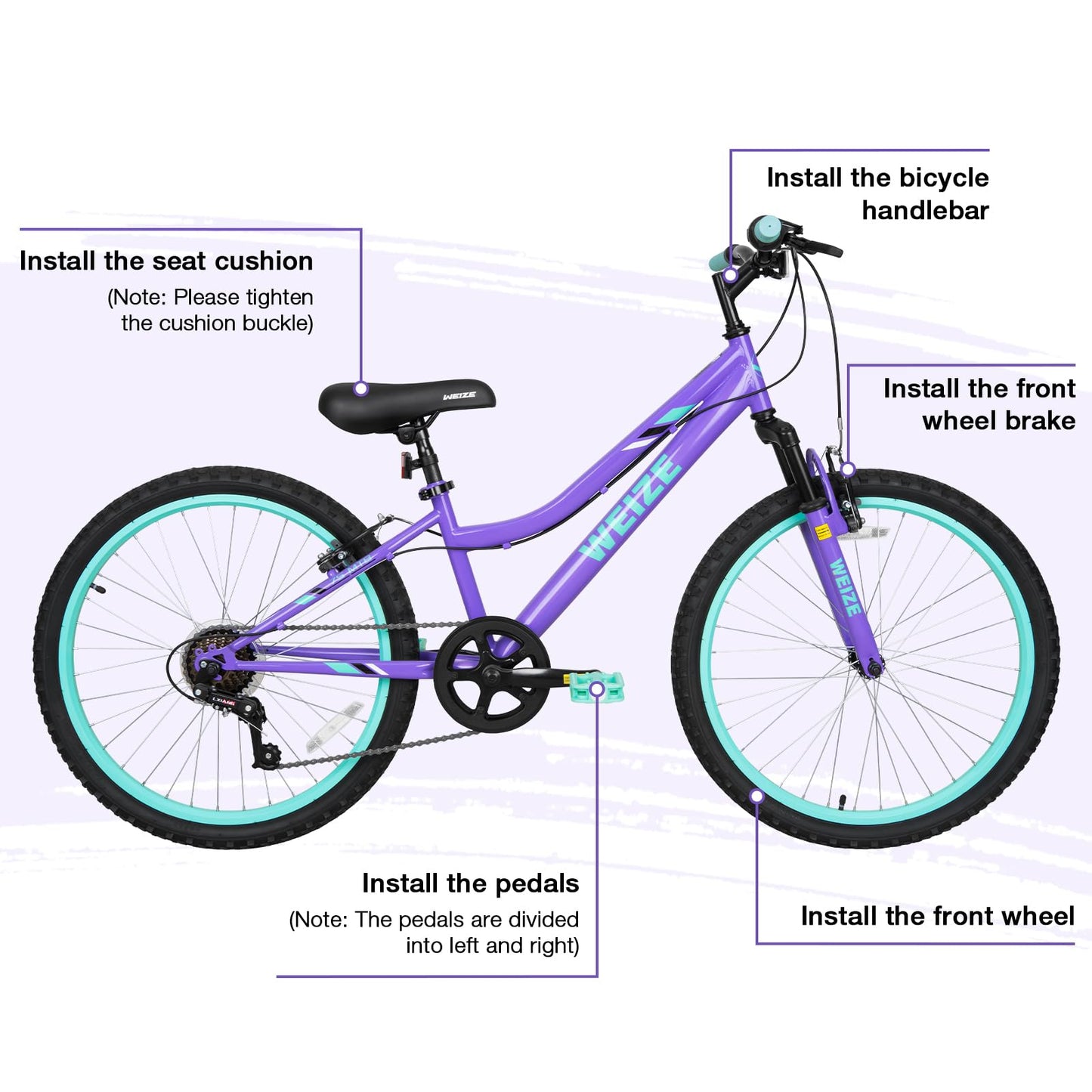 WEIZE 24 Inch Kid Mountain Bike,Kid Bike for Girls Age 6-14 Year Old,6 Speed Kid Bicycle with Front Suspension Fork,Adjustable Seat Height,High-Carbon Steel Frame,Ideal for Girl Adventurers,Purple