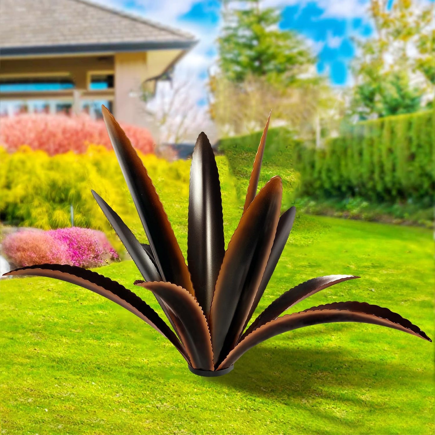 TOMBABY Enlarge Thickened Wind Resistant Metal Agave Garden Art Country Garden Sculpture Statue Outdoor Decoration Agave Metal Plant Courtyard Lawn Ornament Gift (1, 12 Leaves Black)