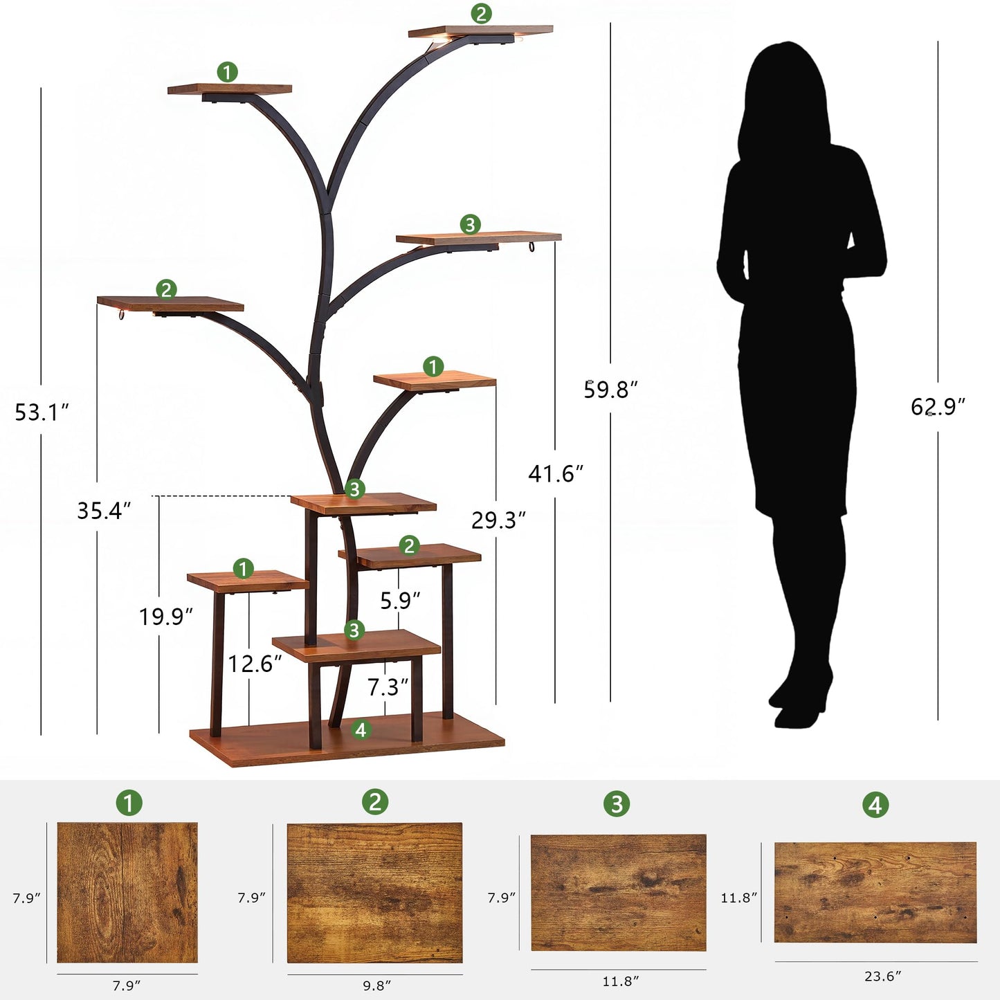 VECELO Plant Stand with LED Light, 10-Tier Indoor Plant Shelf with Supplemental Lighting, Metal Frame & Wood Shelves with Hanging Hooks, Space-Saving Plant Rack for Living Room or Corner Display