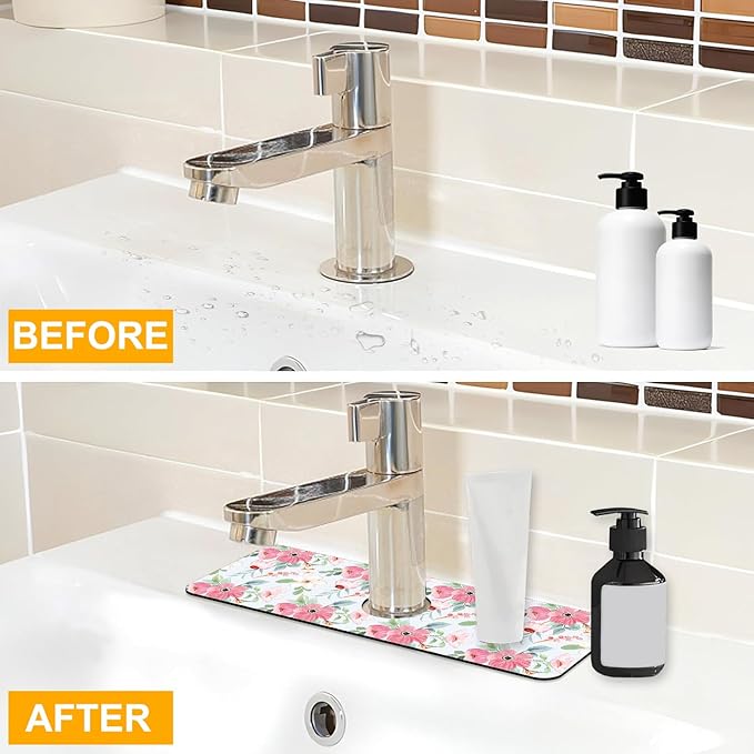 2 Pack Watercolor Floral Sink Faucet Absorbing Mat White Pink Flowers Super