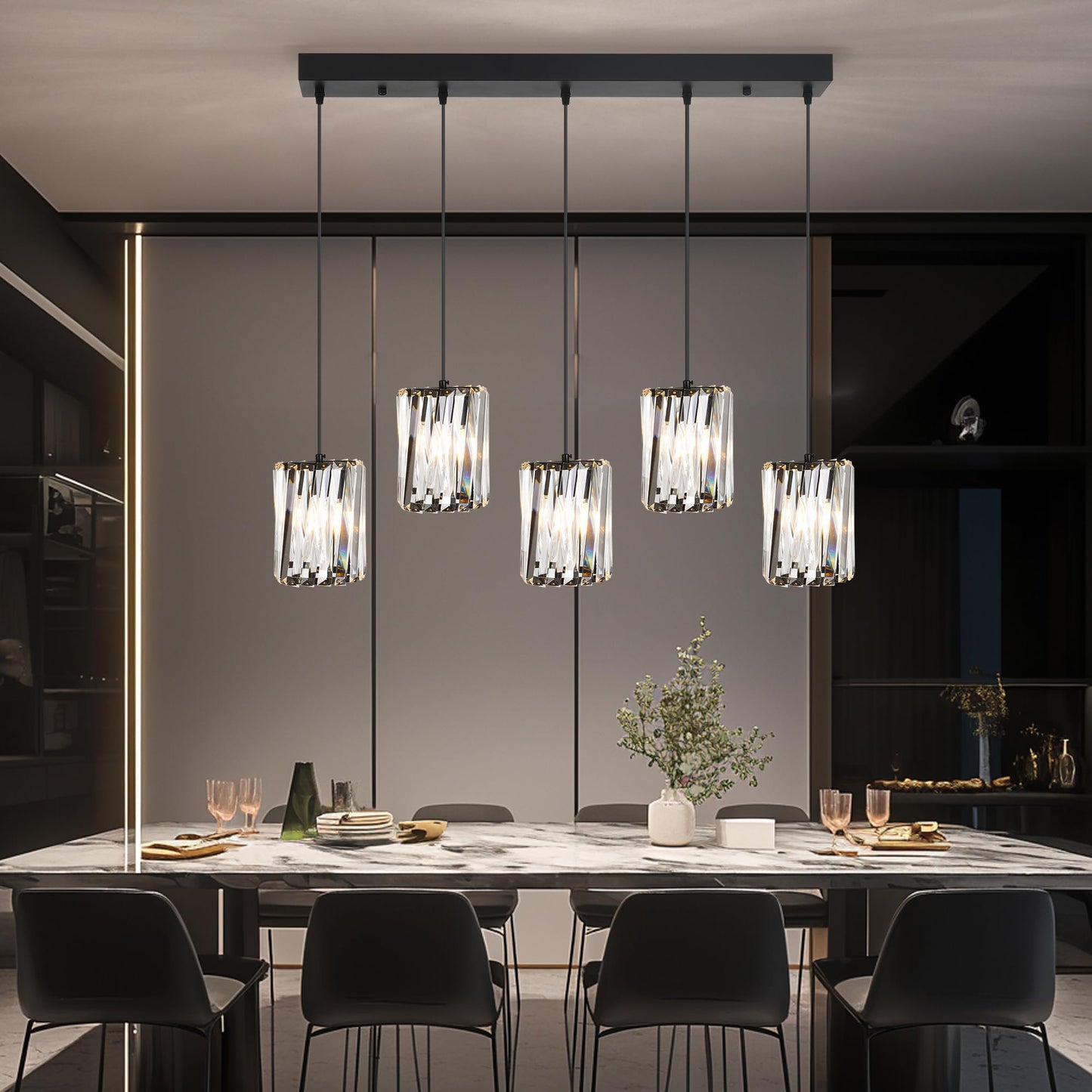 BESTWEST Linear Crystal Chandelier 5-Light Black, K9 Crystal Island Pendant Lighting Large Rectangular Ceiling Light Fixture, Adjustable Hanging Light for Kitchen Island Dining Room Living Room, E26
