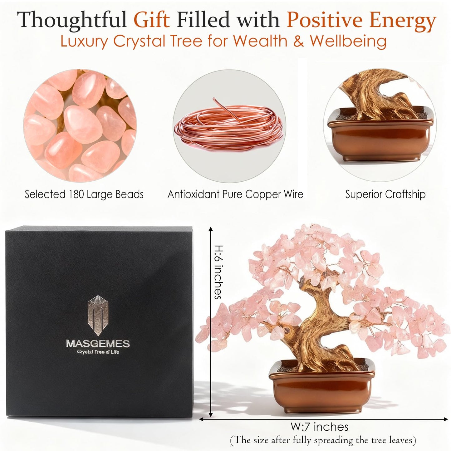 MASGEMES Rose Quartz Crystal Tree of Life Handmade Gemstone Bonsai Tree with 180 Large Chips Healing Crystal Feng Shui Tree for Love, Positive Energy & Home Office Decor (6 Inches)