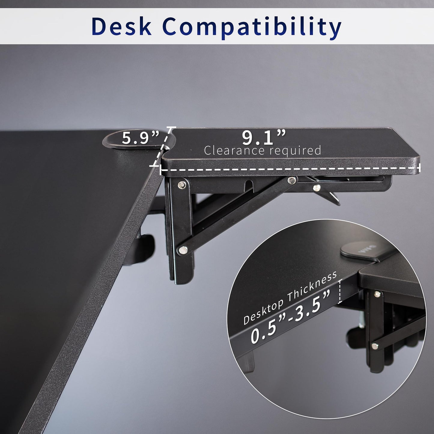 VIVO Clamp-on 6 x 9 inch (11 Including Clamps) Desk Extender, Wrist Support, Armrest Tray, Table Mount for Sit Stand Desks, Black, DESK-EXT09