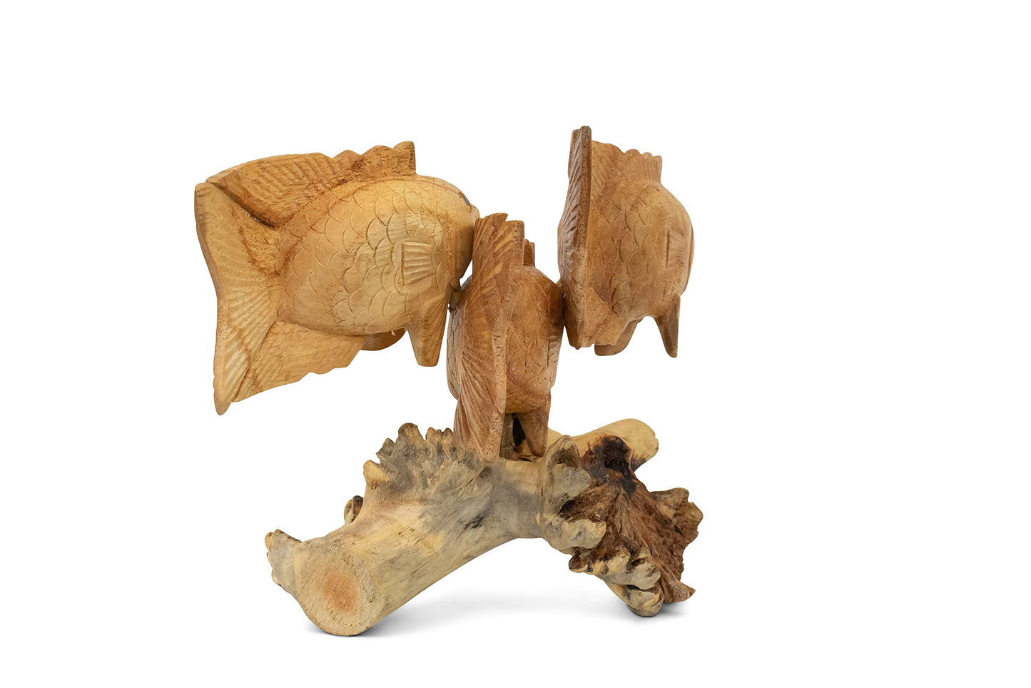 G6 Collection Wooden Hand Carved 3 Fish Swimming Statue Figurine Sculpture Art Decorative Rustic Home Decor Accent Handmade Gift Handcrafted Seaside Tropical Nautical Ocean Coastal Decoration 3 Fish