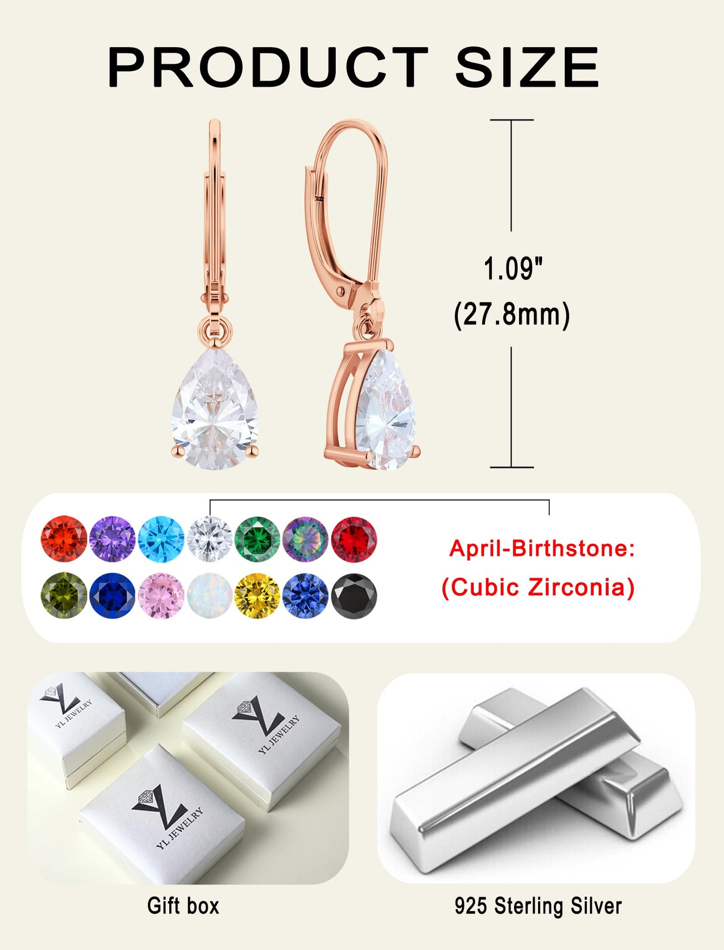 YL 925 Sterling Silver Teardrop Dangle Drop Earrings for Women 7x10 MM Solitaire Cubic Zirconia Leverback Jewelry with 18K Rose Gold Plated