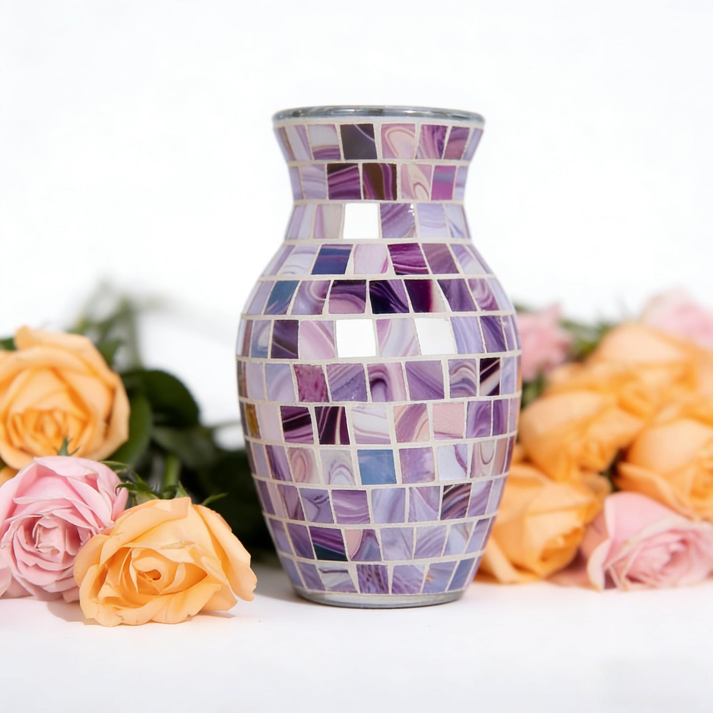 Mosaic Glass Vase, Silver Crackle Glass Vase, Shiny Modern Decor Handmade Vase, Glitter Mosaic Accent Container Table Centerpiece for Home Decor Office Living Room Bookshelves Wedding (Purple)