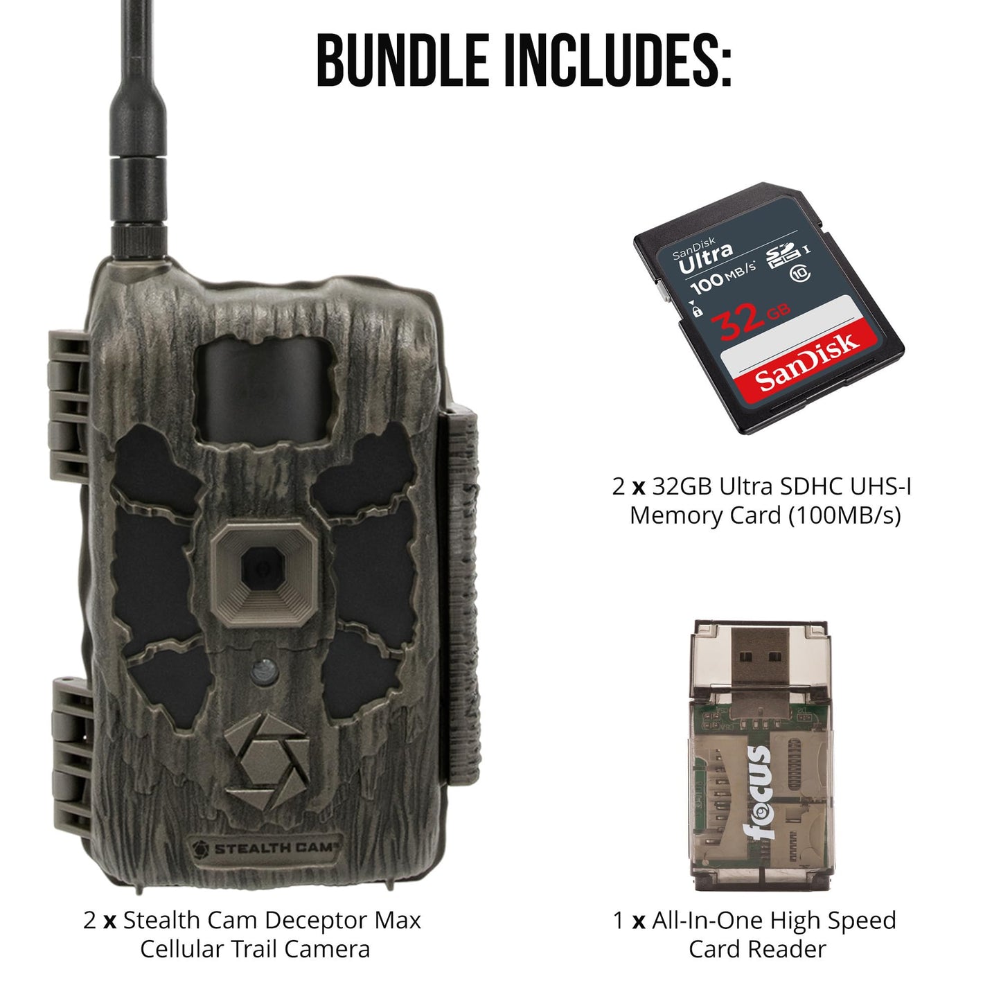 Stealth Cam 40MP Deceptor Max Cellular Trail Camera with 0.4-Second Trigger Speed 2-Pack with Two 32GB Memory Cards and Card Reader (5 Items)