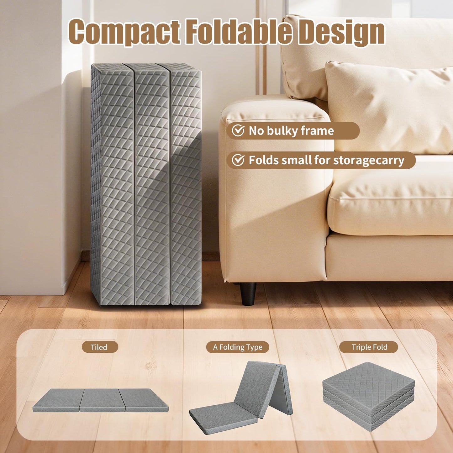 Tri-Folding Mattress, 3 Inch Portable Folding Mattress Topper with a Collapsible and Washable Cover, Portable Floor Bed for Travel, Fold Up Guest Bed, Camping and Yoga (Queen, Gray)