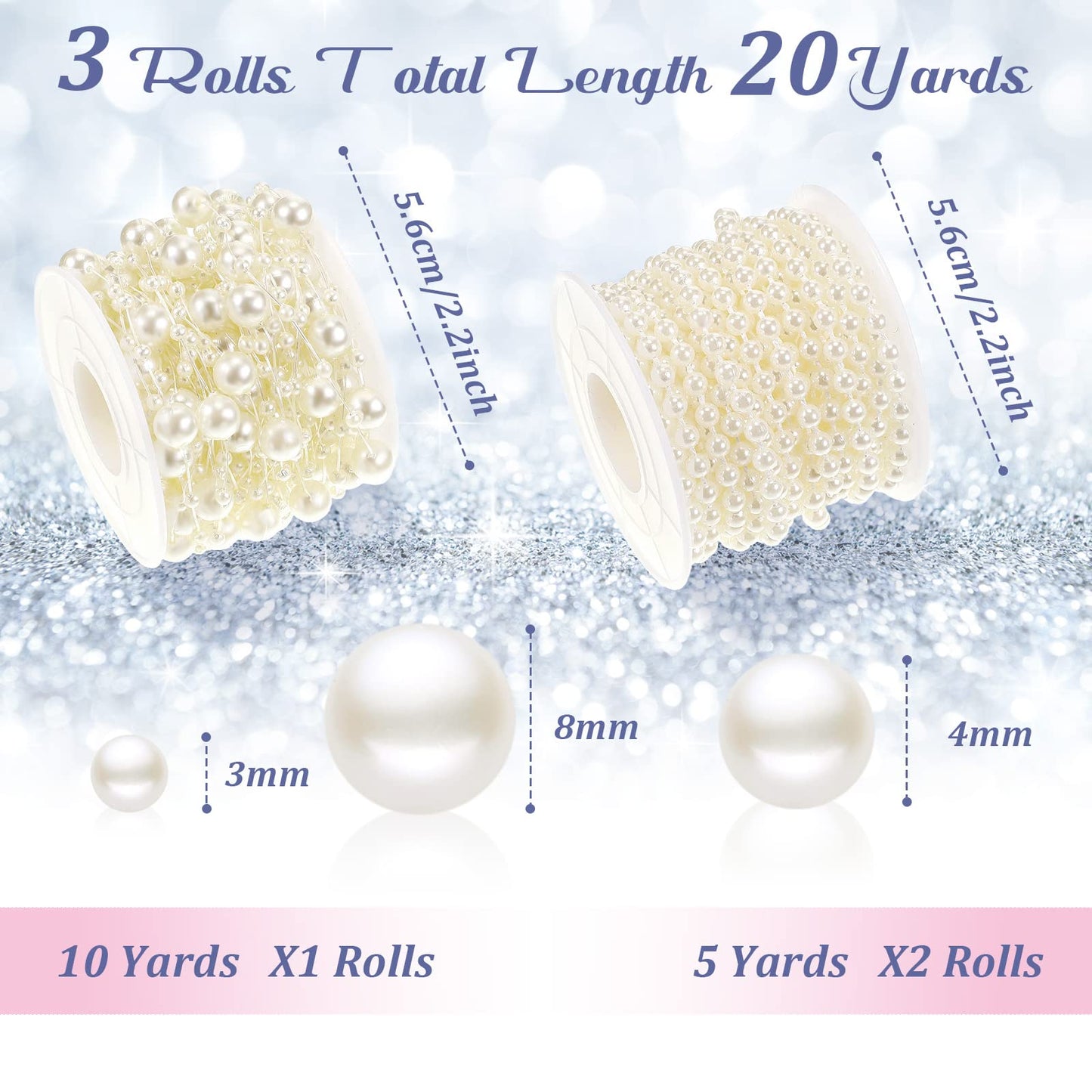 Bonuci 3 Rolls 66 Feet Pearls String Garland Decoration Artificial Beads Chain for Christmas Tree Faux Pearl Garland Roll Strand for Crafting String of Flowers Wedding(Ivory,4mm)