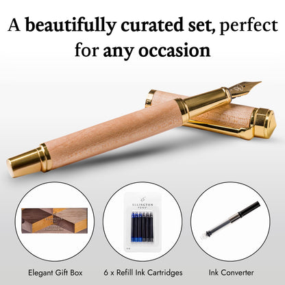 Ellington Pens Luxury Wood Fountain Pen Set – Fine Nib - Includes Wooden Pen Gift Box, Ink Converter, 6 Ink Cartridges – Wood Pen For Writing, Calligraphy, Journaling, Drawing (Maple Harmony)
