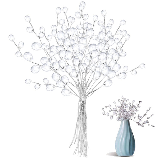 VOSAREA 50pcs Crystal Floral Picks: Flexible 3-Strand Artificial Bouquet Stems with Acrylic Bead Drops for Wedding Decor and DIY Crafts - White 6.69 Inch