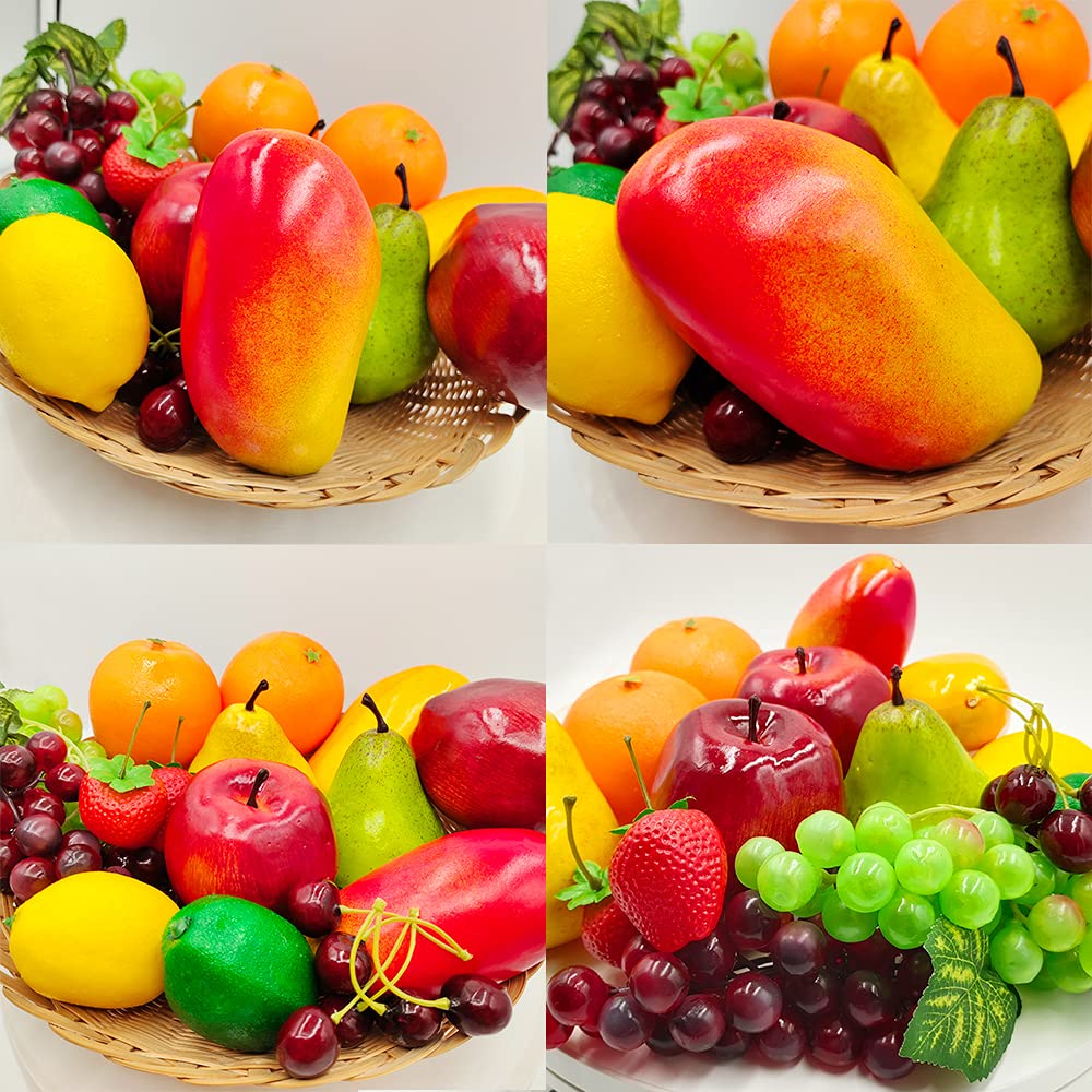 17 Pcs Fake Fruit, Simulation Fruit Props for Photography, Display, Lifelike Realistic Artificial Fake Fruits Home Decor Craft Fruit Set Fake Lemon Fake Grape Strawberry
