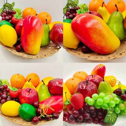 17 Pcs Fake Fruit, Simulation Fruit Props for Photography, Display, Lifelike Realistic Artificial Fake Fruits Home Decor Craft Fruit Set Fake Lemon Fake Grape Strawberry