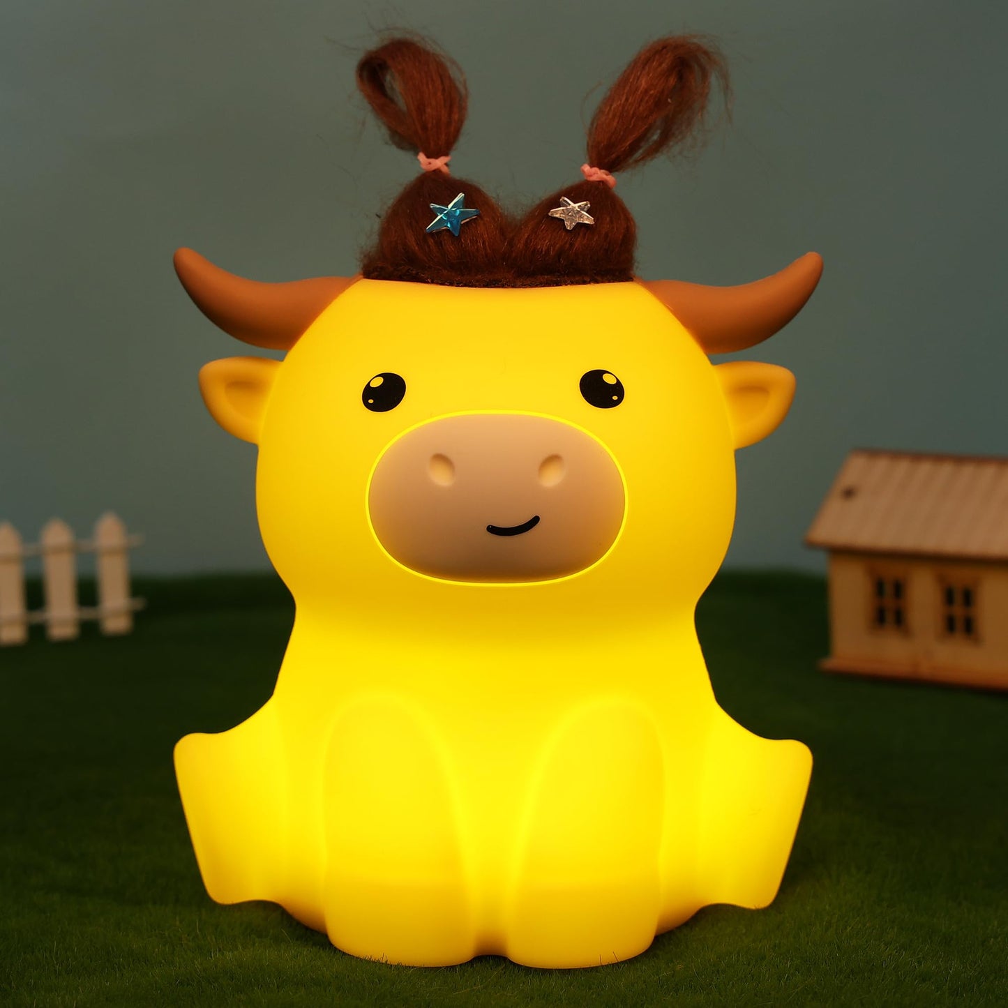 Okayera Highland Cow Night Light, Fluffy Cow Squishy Lamp for Kids, Soft Silicone Animal Nightlamp with 2 Levels Dimmable & 20 Mins Timer, Rechargeable LED Light Gifts for Baby Boys Girls