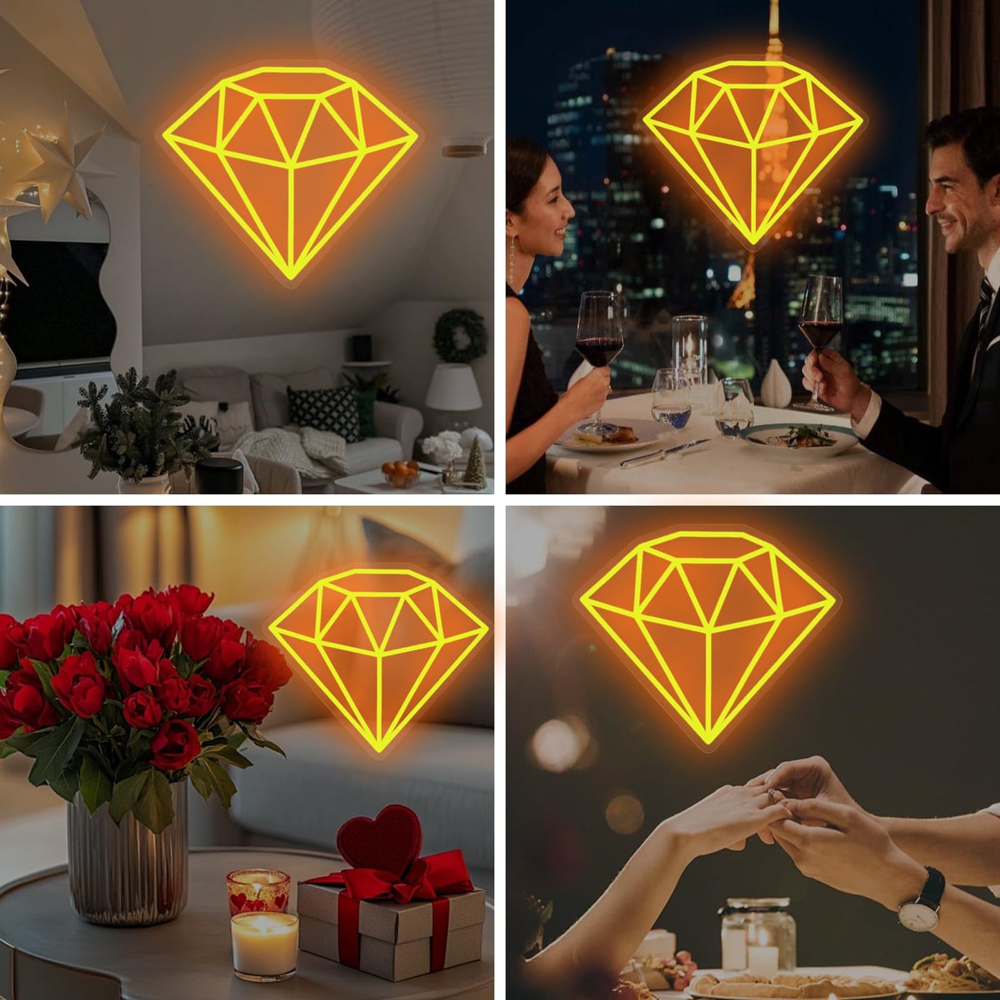 Diamond Neon Sign for Wall Decoration, Glowing Neon Sign, Adjustable Brightness Shining LED Sign Night Light for Man Cave Bedroom, Wedding, Living Room, Party, Bar, Office Decoration-Gold