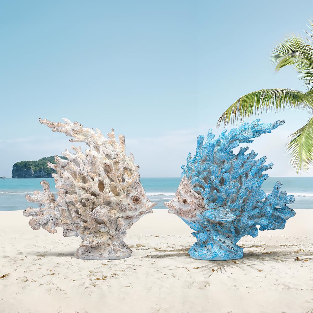 SUYNYBHF Coral Fish Figurines Beach Coastal Coral Reef Decor 9.6-inch Resin Statue Angel Fish Home Office Desktop Sculpture Bathroom Decoration Mom Gift Ornament Gift(White) (White Coral Fish)
