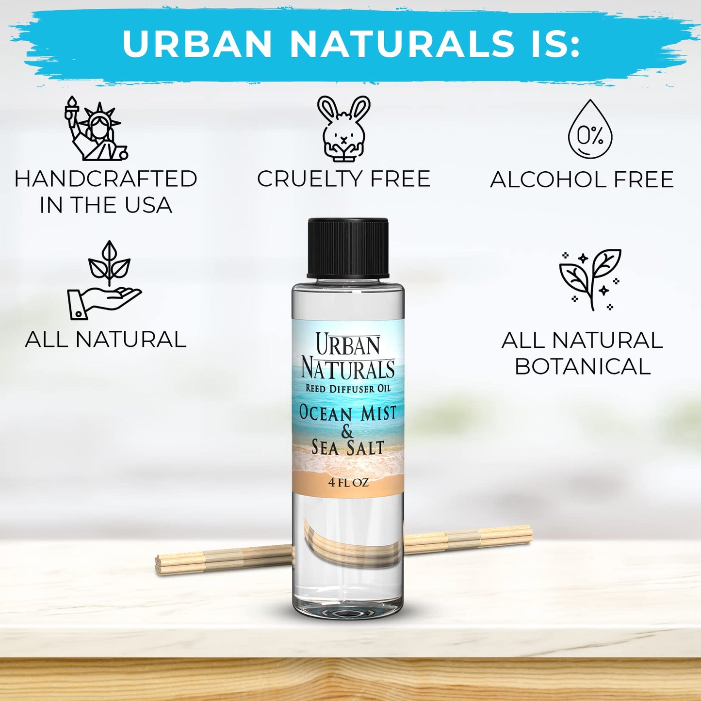Urban Naturals Ocean Mist & Sea Salt Scented Oil Reed Diffuser Refill | Includes a Free Set of Reed Sticks! 4 oz.