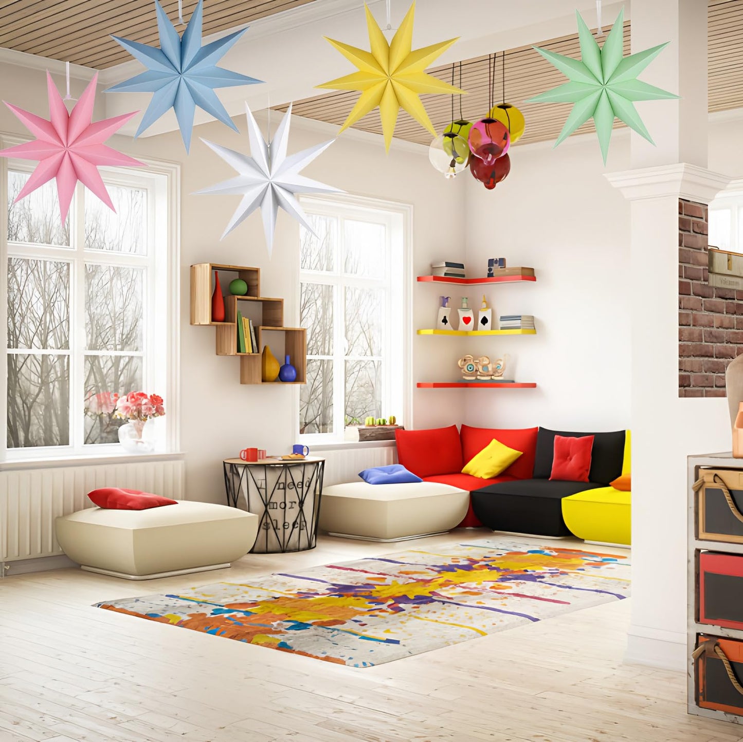 5 PCS Paper 9-Pointed Star Lanterns Hanging Stars Christmas Party Decorations Hanging Lampshade Christmas New Year Wedding Birthday Home Party Decorations(12 Inch) (Macaron 5PCS)