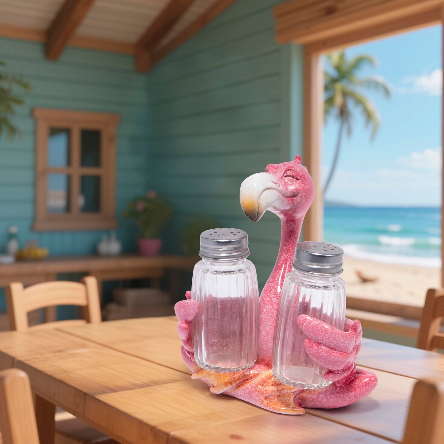 Hodao Flamingo Figurines Decorations with Salt and Pepper Shaker Flamingo Set with Holder Figurines for Summer Beach Bar and Tropical Kitchen Decor Table Decorations for Home Gifts
