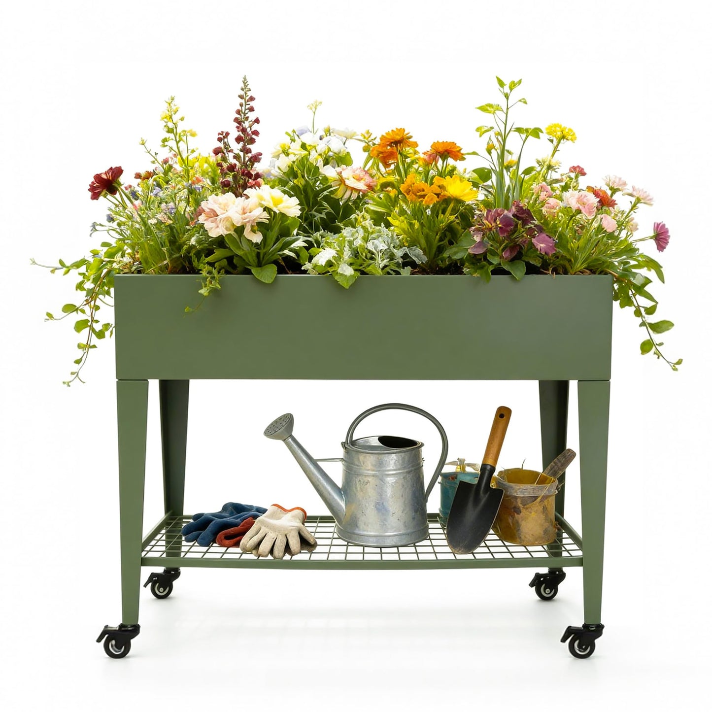 TISUWING Foldable Raised Garden Bed with Wheels, 38 x 14 x 32 Inch Galvanized Steel Elevated Planter with Storage Shelves, Rolling Outdoor Planter Box for Herbs, Vegetables & Flowers, Green