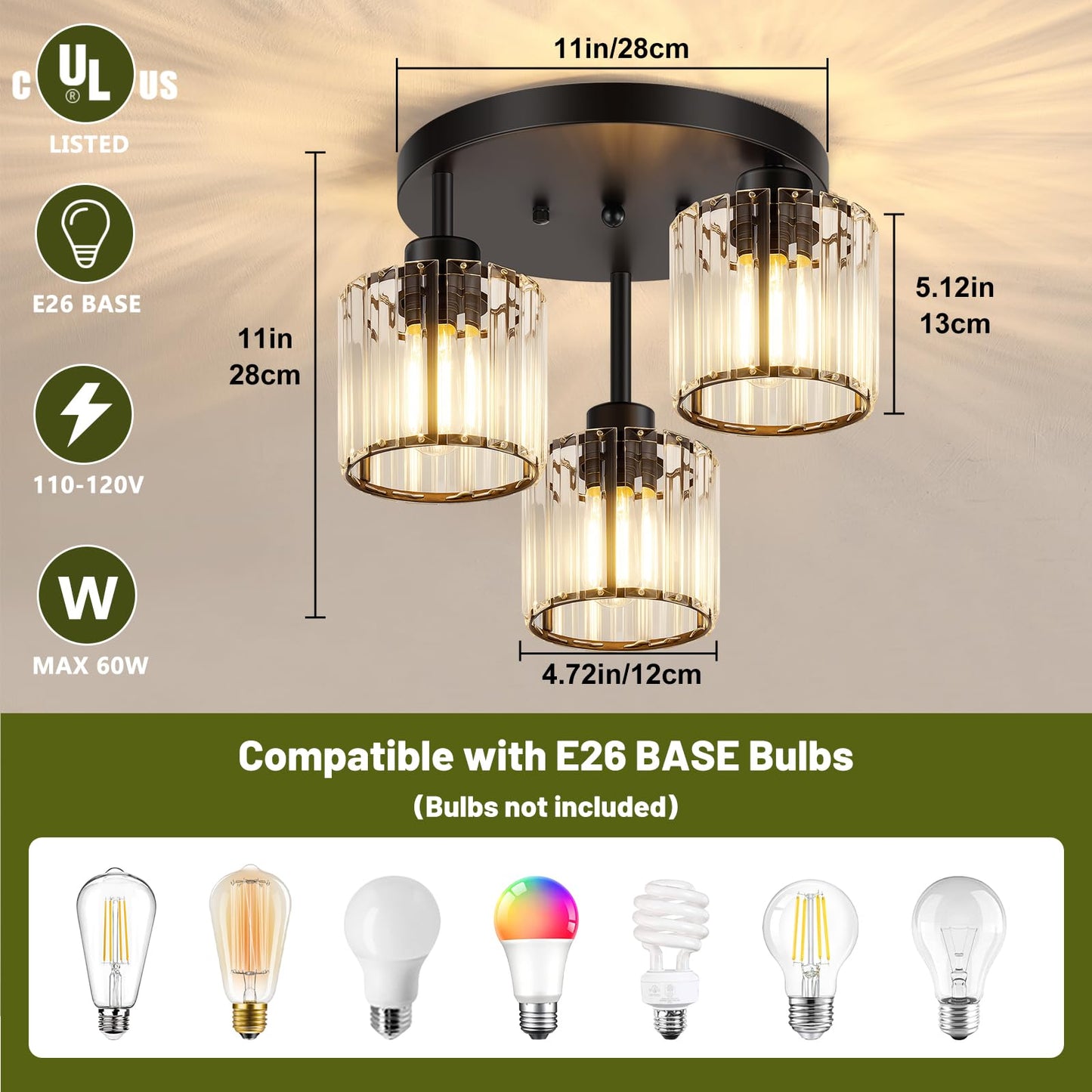 Btvsd 3-Light Crystal Semi Flush Mount Ceiling Light, Black Kitchen Lighting Fixtures Ceiling, Modern Hallway Light Fixtures with Clear Crystal Shades, Close to Ceiling Lamp for Bedroom Foyer Entryway
