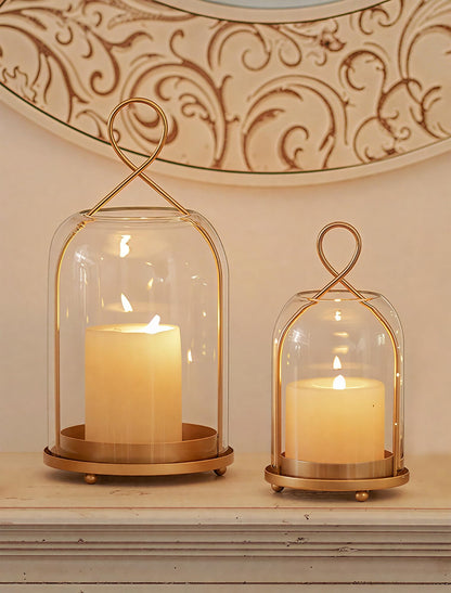 NUPTIO Glass Lanterns Decorative Outdoor: Gold Hurricane Candle Holders for Pillar Candles - Set of 2 Hanging Lantern for Home Thanksgiving Christmas Party Centerpiece
