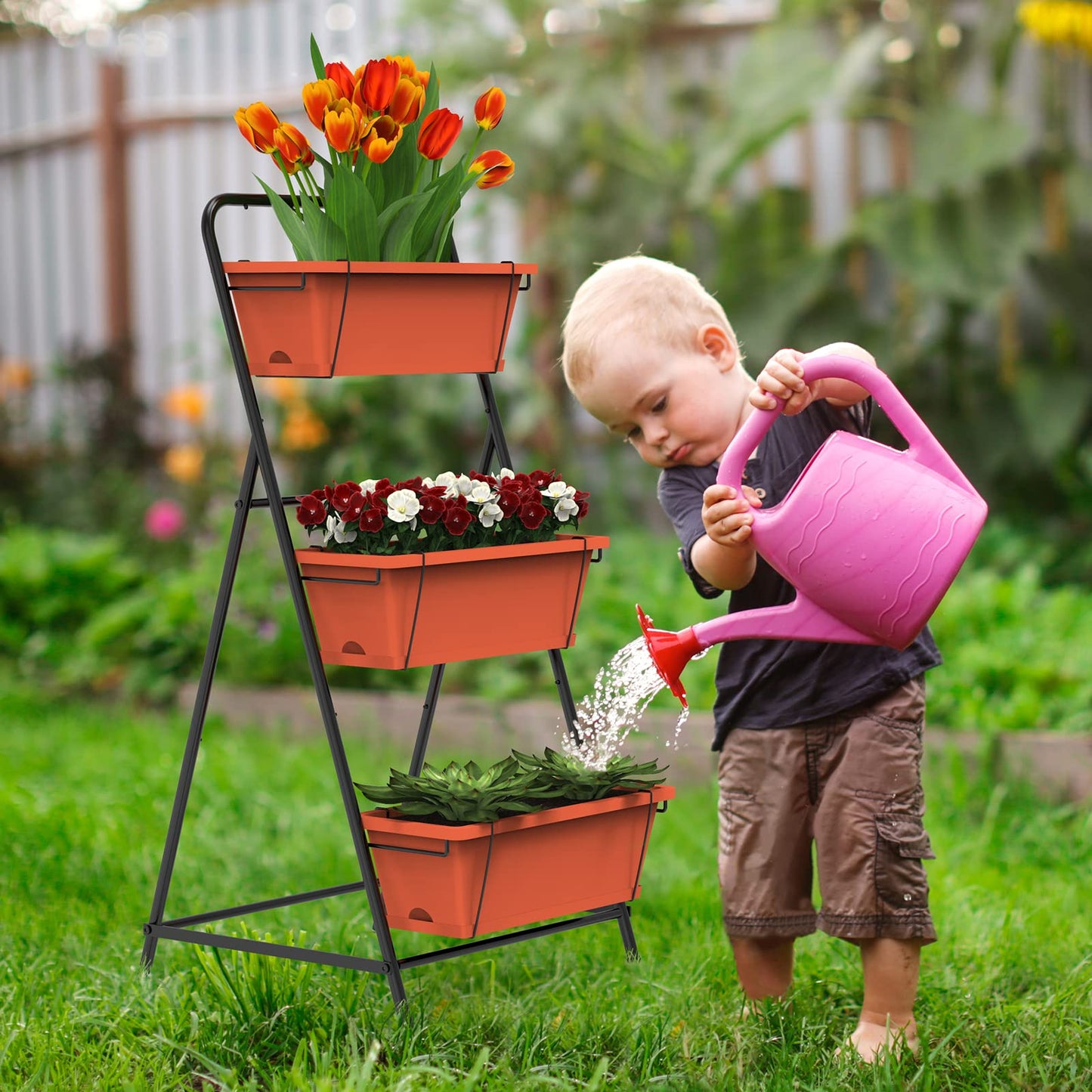 Vertical Garden Planter 3 Tier Vertical Raised Garden Bed Freestanding Elevated Planter Bed with Planter Box and Tray for Indoor and Outdoor Perfect for Vegetables Flowers Herbs Plants Brick Red