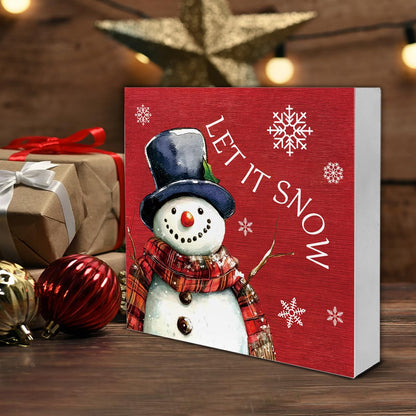 Rustic Christmas Decorations, Let It Snow Wooden Sign Decor, Snowman Wooden Block Sign, Christmas Decor for Table Shelf 5 x 5 Inch