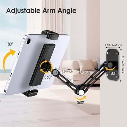 Lucrave Tablet Wall Mount Holder, Aluminium Extendable iPad Wall Holder, with 360°Rotating Base Adjustable and Foldable for iPad Pro Air Mini, Galaxy Tab, All 4.7-13" Phones and Tablets