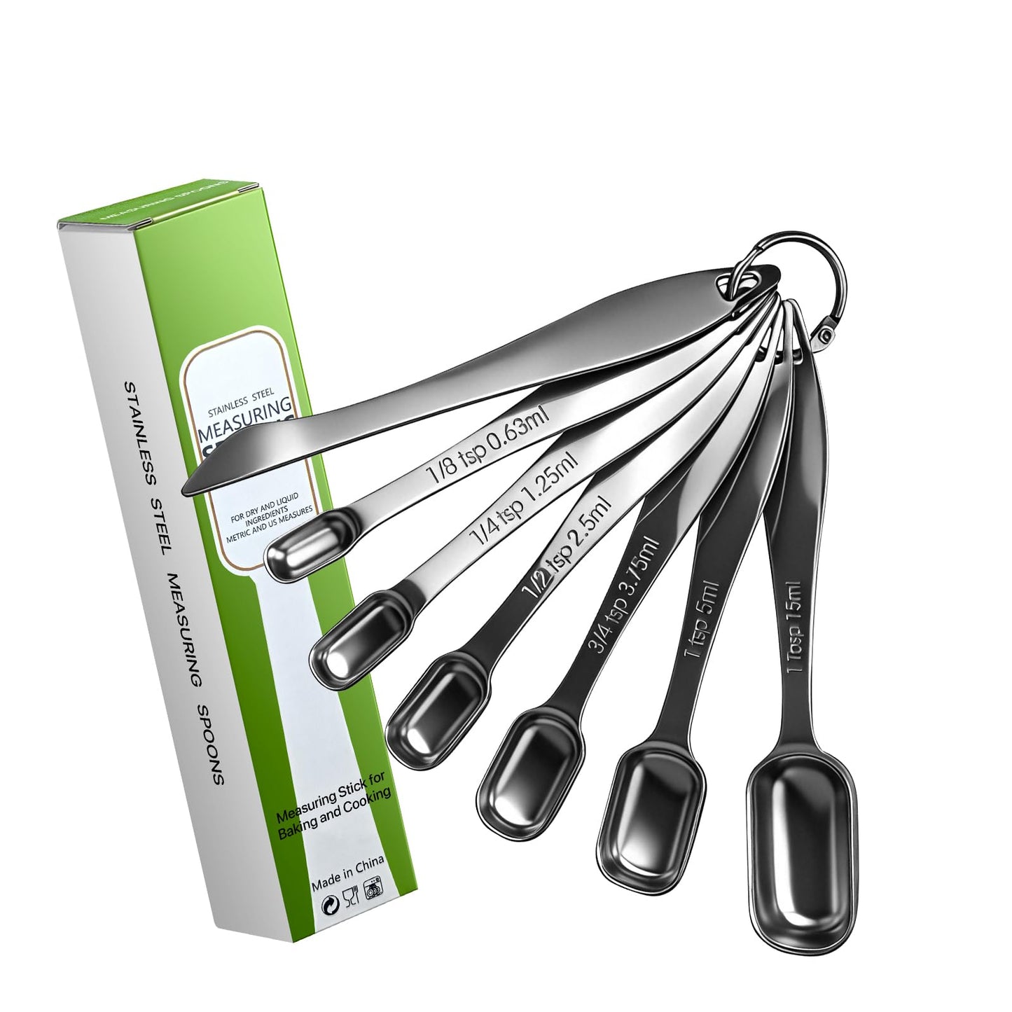 Set of 7 Metal Measuring Spoons, 18/8 Stainless Steel, Long Handle Teaspoon, Tablespoon, Narrow Measuring Spoon with Leveler for Spices, Protein Powder and Coffee, Kitchen Utensils for Cooking