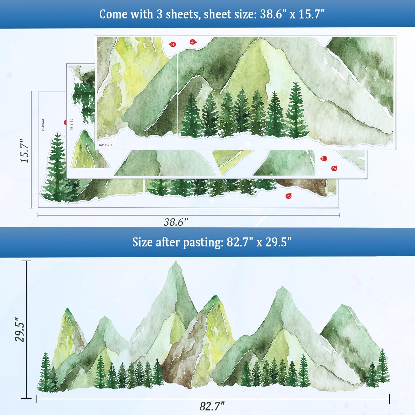 Large Mountain Wall Decals, Green Pine Tree Peel and Stick Vinyl Wall Stickers & Murals, Removable Home Room Wall Decor for Bedroom Living Room Bedroom Classroom Office Nursery