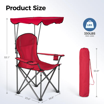 ALPHA CAMP Heavy Duty Canopy Camping Chair, 350 lbs Capacity Oversized Folding Chair with Adjustable Sunshade, Portable Sunshade Chair with Cup Holder for Beach, Fishing, Outdoor,2PC,Red