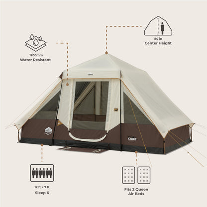 CORE 6 Person Instant Cabin Tent with LED Lights | Large Family Lighted Pop Up Tent with Carry Bag for Camping, Glamping, and Backyard Adventures | Included Storage Pockets for Camp Accessories